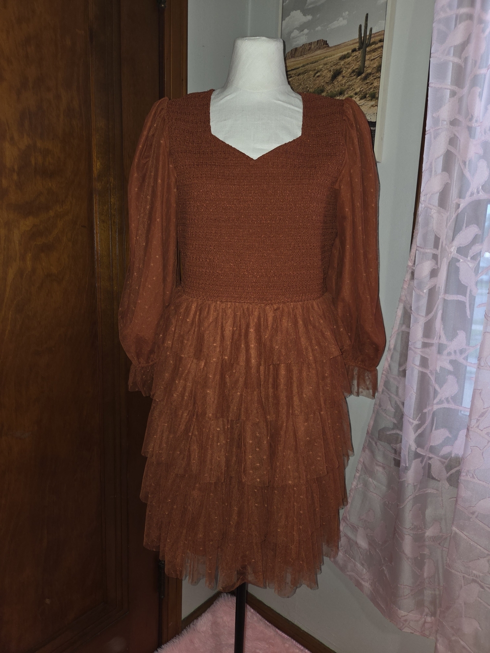 JessaKae Rust Ruffled Mesh Midi Dress
